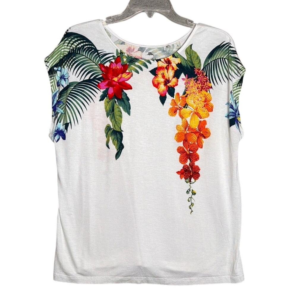 Tommy Bahama Tropical Floral Palm Print Tee White Relaxed Island Top Size M